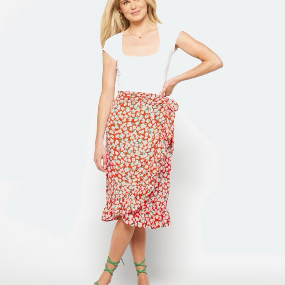Vero Moda Red Orange Floral Print Wrap Skirt Midi Length Size L